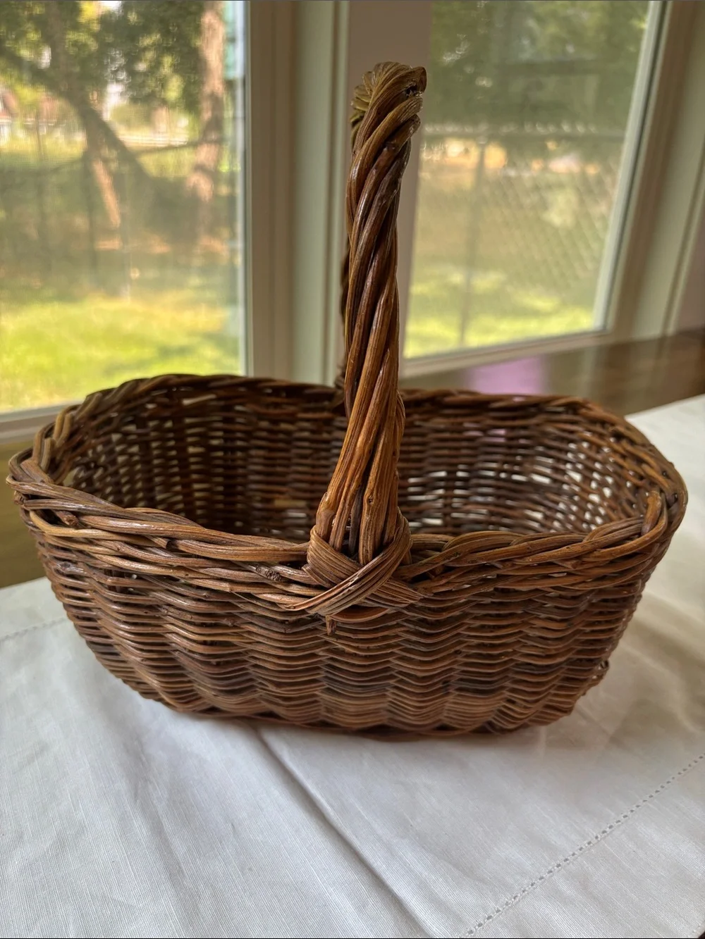 Vintage Gathering Basket With Twisted Handle Hand Woven Wicker Garden Harvest